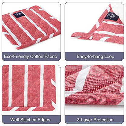 Encasa XO Pot Holders, Quilted Kitchen Hot Pads 8"x8" Roma Red Stripes | 100% Eco-Friendly Cotton | Thick Cotton Padding Insulation | Convenient Hanging Loop | Set of 2 - color: Roma Red Stripes