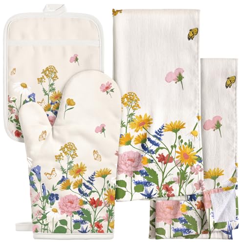 Miss Adola 270 GSM Cotton Kitchen Towels, Oven Mitt and Pot Holder - 4 Pack Kitchen Decor and Accessories Set Spring Cute Farmhouse Quilted Lining Heat Resistant Set with Hanging Loop, Retro Flower - color: Retro Flower