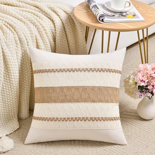 Fancy Homi Set of 1 Boho Neutral Decorative Throw Pillow Cover 16x16 Inch for Couch Bed Sofa, Aesthetic Modern Organic Farmhouse Home Decor, Soft Cotton Cute Accent Macrame Woven Tan Cushion Case - color: Neutral, size: 16" x 16" (Pack of 1)