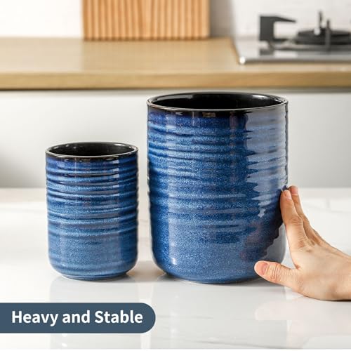 HASENSE Ceramic Utensil Holder Set of 2 (7.4"+5.5"), Modern Farmhouse Kitchen Utensil Crocks for Countertop, Blue Kitchen Tool Organizer for Spatulas, Whisks, Tongs & Cooking Tools - color: Navy Blue(2 pcs)