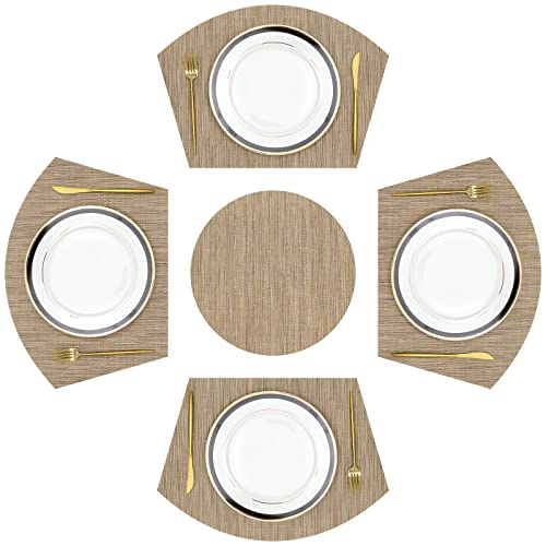 SHACOS Large Size Wedge Placemats with Centerpiece Mat Set of 5, PVC Woven Vinyl Placemats for Round Table Washable Indoor Outdoor Table Mats Reversible Durable, Tan - color: Tan