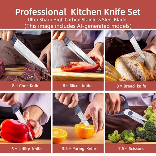 Kitchen Knife Set,10-Piece Stainless Steel Knife Set with Block,Gray | Pro-Sharpened Kitchen Knives,Space-saving Compact Organizer for Small Kitchen,RV,Apartment and Dorm - color: Damascus