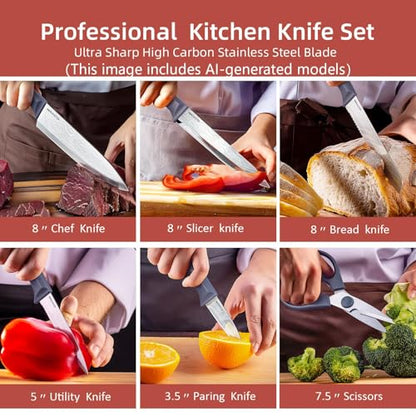 Kitchen Knife Set,10-Piece Stainless Steel Knife Set with Block,Gray | Pro-Sharpened Kitchen Knives,Space-saving Compact Organizer for Small Kitchen,RV,Apartment and Dorm - color: Damascus