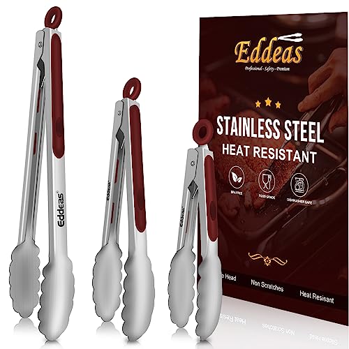 Eddeas Tongs For Cooking - 7",9" and 12 inch Kitchen Tong Heat Resistant 600 Degrees Stainless Steel Tongs, Heavy Duty Metal Locking Tong, Perfect for Food, BBQ Red Set of 3 - color: Deep Red & Silver 3Pcs, size: 7+9+12 inch