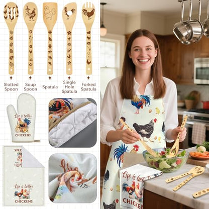 Funnymoom 10 Pcs Chicken Kitchen Gift Set for Women Include Apron Oven Mitts Pot Holder Dish Towel Cooking Utensil Kit - style: Chicken