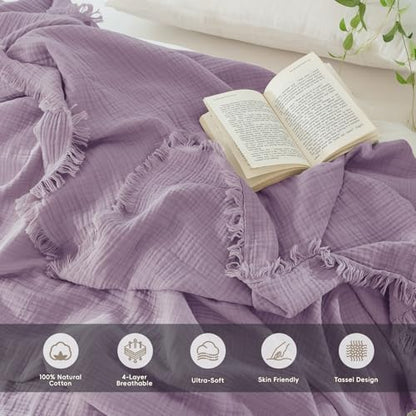 MooMee 100% Cotton Muslin Blanket, Fringed 4-Layer Gauze Bed Throw Blankets | Soft Breathable Lightweight Thin Coverlet Summer Blankets for Adults, Bed & Couch All Seasons, Light Purple, 98" x 98" - color: Light Purple, size: Oversize Queen