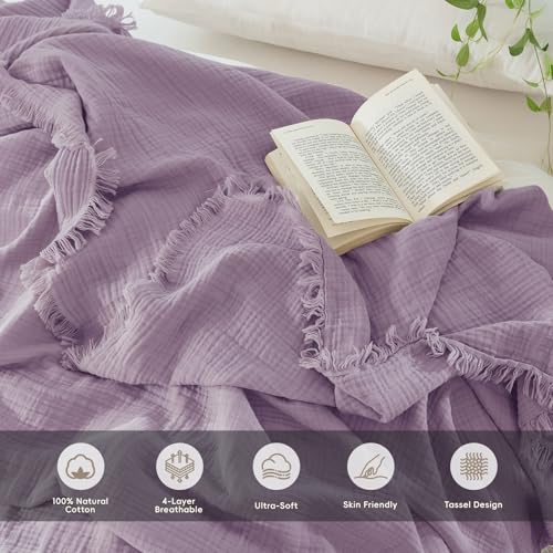 MooMee 100% Cotton Muslin Blanket, Fringed 4-Layer Gauze Bed Couch Throw | Soft Breathable Lightweight Thin Coverlet Summer Blankets for Adults, Bed & Couch All Seasons, Light Purple, 50" x 60" - color: Light Purple, size: Throw