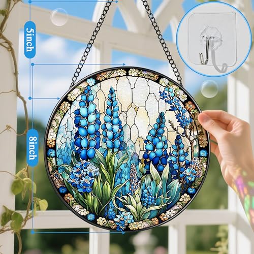 Stained Glass Window Hanging, Stained Glass Suncatcher, 8" Field of Texas Bluebonnets Sun Catchers Indoor Window Ornaments – Christmas Mother's Day Birthday Gifts for Women, Friends, Mom, Grandma - color: Bluebonnet