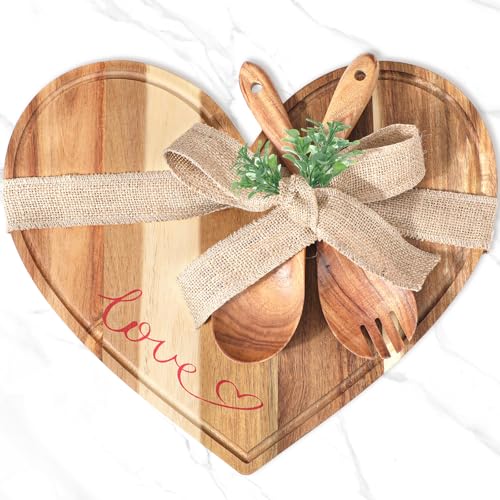 Patelai Heart Wood Cutting Charcuterie Board Wedding Bridal Shower Gifts Acacia Wood Cutting Board with Spoon and Fork for Couples Husband Wife, Newlywed Mr and Mrs - style: heart