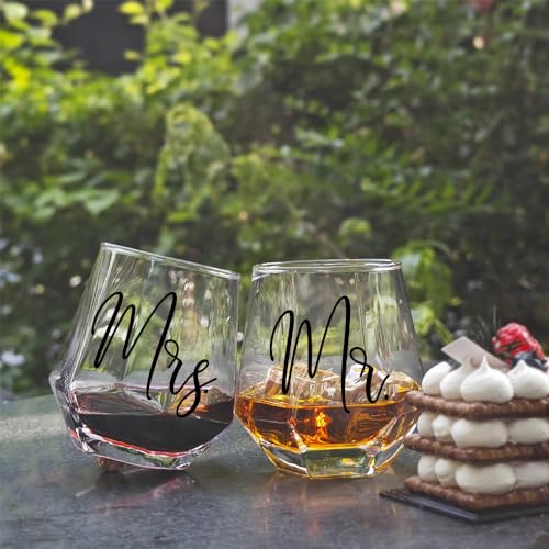 Mr Mrs Stemless Wine Glasses Gift Set 15oz, Couples Gifts for Bridal Shower Engagement Anniversary Wedding Shower Valentine's Day Birthday Christmas, 1 Pack Reusable Burlap Wine Bag-38