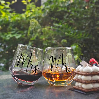 Mr Mrs Stemless Wine Glasses Gift Set 15oz, Couples Gifts for Bridal Shower Engagement Anniversary Wedding Shower Valentine's Day Birthday Christmas, 1 Pack Reusable Burlap Wine Bag-38