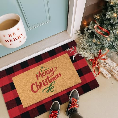 Christmas Door Mat Combo Set - 100% Coco Coir Welcome Mat + 28 x 43 Inch Red and Black Plaid Rug, New Year Holiday Christmas Collection Doormat for Front Porch Entryway Decor