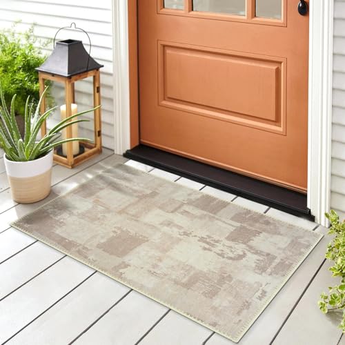 GLN Rugs Bohemian - Troy - Machine Washable Area Rug, Boho Washable, Non Slip, Low Pile Chenille Area Rug, Entryway, Hallway, Kitchen Rug - Easy Clean (2' x 3' Abstract Tan) - color: Abstract Tan, size: 2' x 3' (Rectangular)