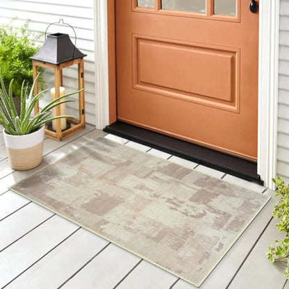 GLN Rugs Bohemian - Troy - Machine Washable Area Rug, Boho Washable, Non Slip, Low Pile Chenille Area Rug, Entryway, Hallway, Kitchen Rug - Easy Clean (2' x 3' Abstract Tan) - color: Abstract Tan, size: 2' x 3' (Rectangular)