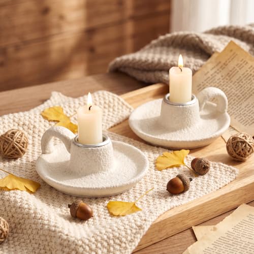 Set of 2 Vintage Ceramic Candle Holders White Taper Candle Plate | Candlesticks with Handle Farmhouse Home Decor Centerpieces for Tables Rustic Wedding Housewarming Dining Table Accent - color: White