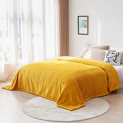 DISSA Fleece Blanket Throw Size – 51x63, Yellow Soft, Plush, Fluffy, Fuzzy, Warm, Cozy Perfect for Couch, Bed, Sofa - with Pompom Fringe Flannel - color: Yellow, size: 51x63"