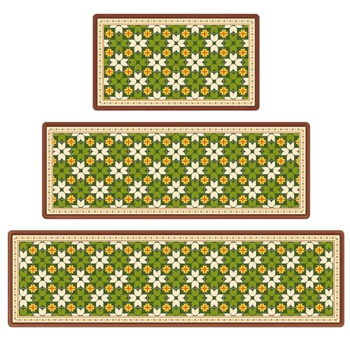 Vintage Floral Tile Kitchen Rug Sets of 3, Geometric Non Slip Mat for Floor | Thick Cushioned Anti-Fatigue Decor Runner Rug, PVC Soft Comfort Waterproof Standing Mat for Sink Laundry Front & Indoor Doors - color: Caramel Sunflower, size: 18"x30"+18"x48"+1