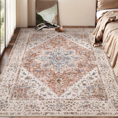 Ciicool Washable 4x6ft Area Rug,Boho Soft Non-Slip for Kitchen Entryway | Vintage Low-Pile Distressed Stain Resistant Pet & Kids Friendly Entry Carpet for Bedroom Bedside Living Room Home Decor - color: Vintage Cream/Brick, size: 4' x 6' (Rectangular)