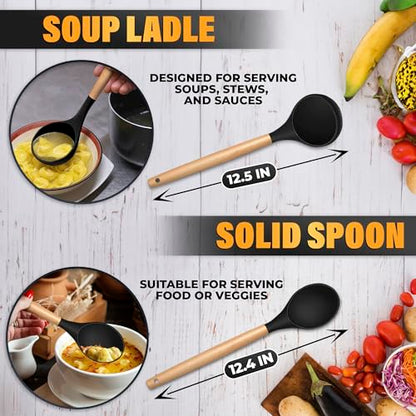 14 Pcs Black Kitchen Utensils Set with Holder for Nonstick Cookware | Silicone Cooking Utensils Set for BBQ; Heat-Resistant Tools with Wooden Handles for Baking, Serving, Frying, and Mixing - color: Classic Black