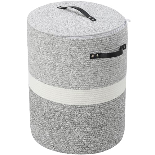 16"x20" Extra Large Cotton Rope Basket with Zipper Lid, Woven Laundry Hamper and Blanket Storage Basket, Round Clothes Bin for Living Room Bedroom, Dual Grey - color: Dual Grey