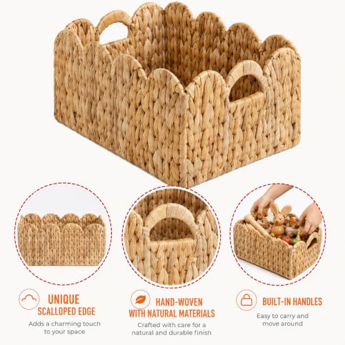 LUSYDECO Set of 2 Scalloped Edge Wicker Storage Basket with Built-in Handles, Rectangle Water Hyacinth Basket for Organizing, Decorative Woven Rattan Basket for Shelf, Nursery Room
