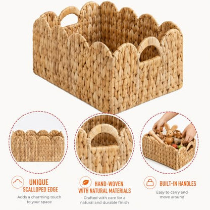 LUSYDECO Set of 2 Scalloped Edge Wicker Storage Basket with Built-in Handles, Rectangle Water Hyacinth Basket for Organizing, Decorative Woven Rattan Basket for Shelf, Nursery Room