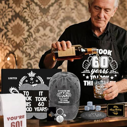 60th Birthday Gifts for Men Whiskey Glass Set, 60th Birthday Party Supplies with 11 Oz Whiskey Glass Coaster Stone Baseball Cap Apron Sock Funny Toilet Paper Keychain for Him, Dad, Husband, Friends - style: 60th Birthday