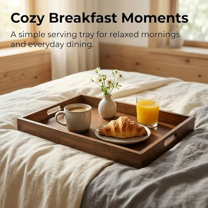 Acacia Wood Serving Tray with Handles, 17"x12" Large Rectangular Decorative Wooden Tray, Coffee Table Tray for Breakfast, Drinks, Snacks in Bed, Decorative Wooden Tray for Home