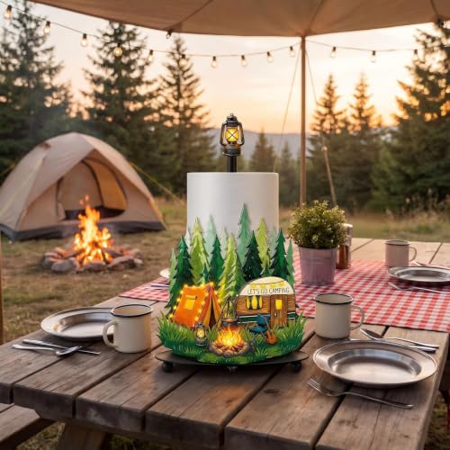 Camping Paper Towel Holder Let's Go Camping Kitchen Bathroom Decor Vbs Decorations Rustic Campfire Tent Camper Paper Stand with Round Base for Countertop Home Accessories - style: Camping