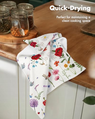 2pcs Cotton Waffle Kitchen Towels, Wildflower | Waffle Weave, Terry Cloth, Pure Cotton, Sustainable, 16"x26", Highly Absorbent, with Hanging Loop, Giftable Package - color: Wildflower