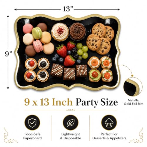 Black & Gold Rectangle Dessert Trays, 10 Pack, 9" x 13" | Disposable Food Safe Paper Serving Trays With Elegant Gold Rim For Desserts, Appetizers, Cupcakes, Weddings And Parties - color: Black, Gold