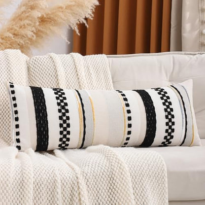 Boho Lumbar Throw Pillow Cover 14x36 Black Cream | 1 Piece,Durable Fabric,Stripe Pillow Cover,Farmhouse Cushion Case,Chenille Pillow Case,Neutral Pillowcase for Sofa Couch Bed - color: Black Stripe, size: 36" x 14" (Pack of 1)