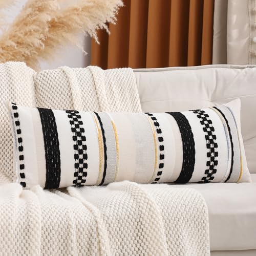 Boho Lumbar Throw Pillow Cover 14x36 Black Cream | 1 Piece,Durable Fabric,Stripe Pillow Cover,Farmhouse Cushion Case,Chenille Pillow Case,Neutral Pillowcase for Sofa Couch Bed - color: Black Stripe, size: 36" x 14" (Pack of 1)