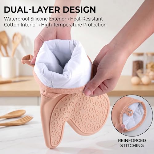 Silicone Oven Mitts 2-Pack, 13.5" Heat Resistant 500°F, Non-Slip BPA-Free with Soft Cotton Lining, Kitchen Gloves for Baking, Cooking, BBQ & Grilling (Pink) - color: Pink