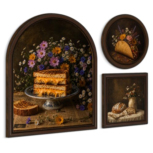 3 Pcs Vintage Food Kitchen Wall Art Sign, Framed Bakery Wall Decor | Moody Vintage Prints for Kitchen Dining Room Breakfast Nook Cafe - color: Food