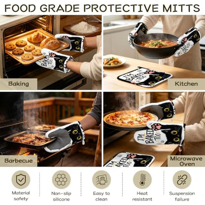 Funny Baker Black Cat Oven Mitts and Pot Holders Sets of 4 PCS, I’M Baked Too Oven Gloves Potholder for Kitchen Cooking Baking BBQ Heat Resistant - color: Funny Baker Black Cat