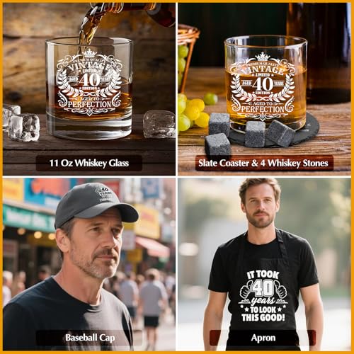 40th Birthday Gifts for Men Whiskey Glass Set, 40th Birthday Party Supplies with 11 Oz Whiskey Glass Coaster Stone Baseball Cap Apron Sock Toilet Paper Keychain for Him, Dad, Husband, Friends - style: 40th Birthday