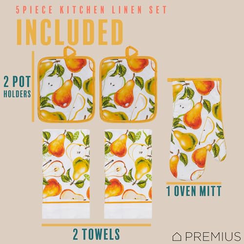 5 Piece Pears Printed Kitchen Linen Set, 2 Cotton Towels, 2 Potholders, 1 Oven Mitt with Hanging Loop, 100% Cotton Material on Front & Polyester Backing, Perfect Kitchen Accessory, Gift - color: Pears