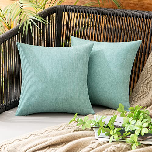 MIULEE Decorative Outdoor Pillow Covers Waterproof 12x12 Teal | Solid Faux Linen Throw Pillow Covers Set of 2 Farmhouse for Patio Furniture Tent Balcony Garden Couch Sofa Cushion - color: Teal, size: 12" x 12" (Pack of 2)