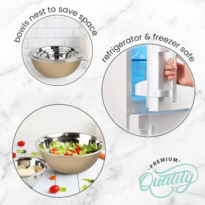 Stainless Steel Mixing Bowls Set, 5-Piece Meal Prep & Food Storage | .75, 1.5, 3, 4 & 5 Quart Metal Mixing Bowls Set for Prep, Serving, Baking & Food Storage, Ecofriendly, Dishwasher Safe, Khaki - color: Khaki