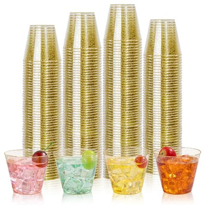 I00000 5oz 100 Pack Gold Glitter Plastic Cups, Glitter Disposable Small Plastic Cups, Disposable Clear Cup with Gold Glitter Shot Glasses, Small Tumbler Perfect for Wedding & Party - color: Glitter-5oz-100