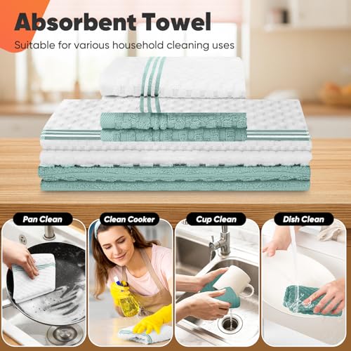 Oven Mitts Kitchen Towels and Dishcloths with Pot Holders Sets, Oven Gloves Hot Pads 500°F Heat Resistant with Silicone Grip, Include 2 Cooking Gloves/2 Potholders/4 Kitchen Towels/4 Dish Towels - color: Mint Green