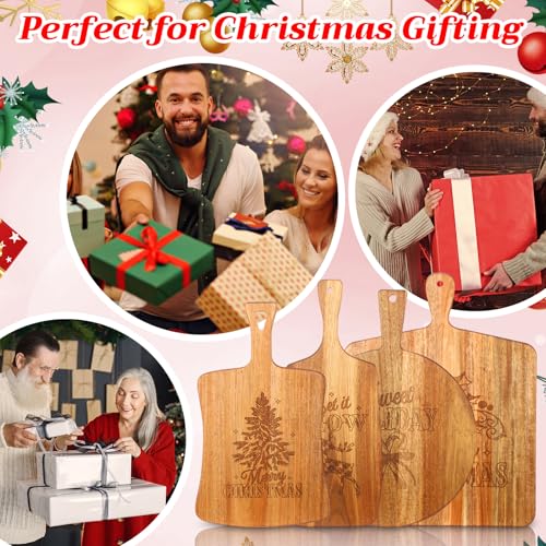 SiliFine 4 Pcs Acacia Wood Cutting Boards with Handles, Christmas | Thick Butcher Block, Reversible Surface, Natural Acacia Hardwood, Assorted Sizes Nest for Storage, Easy-grip Handle Design - style: Christmas