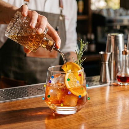 4 Pack 3D Colorful Dots Stemless Wine Glasses Confetti Double Old Fashioned Drinking Glasses 12.5 oz Vibrant Stemless Wine Cups for Whiskey Cocktail Water Juice Summer Party Supplies Gift