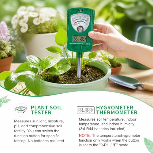 7-in-1 Soil Test Kit with 90° Rotatable Head, Soil Tester for Moisture/pH/Light Intensity/Fertility, Digital Screen for Soil & Air Temp/Humidity, Ideal for Garden, Lawn, Farm, Indoor/Outdoor Plants