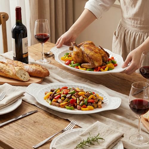 2 Pack Porcelain Oval Serving Platters, 14 Inch Large Embossed White Serving Plates for Entertaining, Oven Safe Stackable Ceramic Dinner Tray for Fish, Meat, Appetizers, Fruits, Dessert