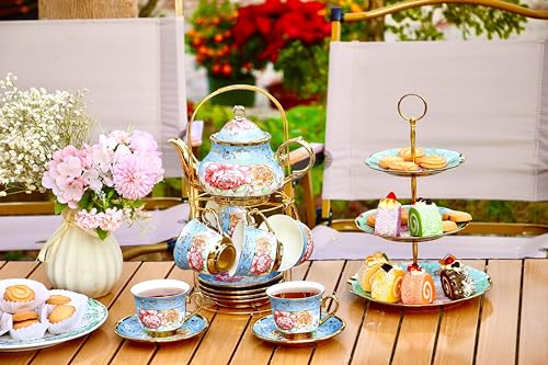 20 Pieces Porcelain Tea Set With Metal Holder, European Ceramic tea set for adults,Flower Tea Set,Tea Set For Women With Flower Painting - color: Sky Blue