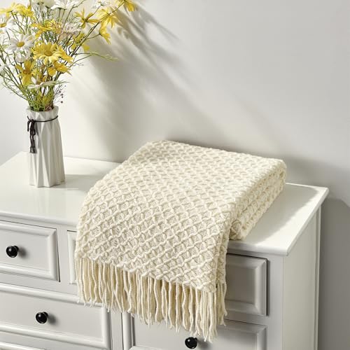 CREVENT Farmhouse Boho Knitted Throw Blanket for Couch Sofa Chair Bed Home Decoration, Soft Warm Cozy Light Weight for Spring Summer Fall (60''X80'' Beige) - color: Beige X, size: 60inchx80inch