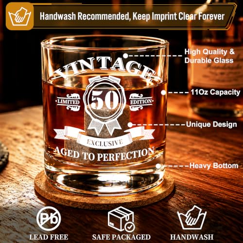 50th Birthday Gifts for Men Whiskey Glass Set, Vintage 1976 Wood Gift Box | Whiskey Stones Coaster, Glass Pipette & Tongs, Aged to Perfection 50 Year Old Bday Gifts Ideas for Him Dad Husband Friends - style: 50th Mens Gifts