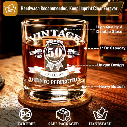 50th Birthday Gifts for Men Whiskey Glass Set, Vintage 1976 Wood Gift Box | Whiskey Stones Coaster, Glass Pipette & Tongs, Aged to Perfection 50 Year Old Bday Gifts Ideas for Him Dad Husband Friends - style: 50th Mens Gifts